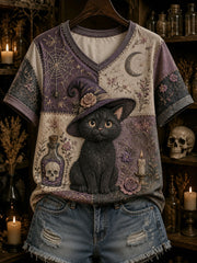 Frauen Gothic Patchwork Floral Cat Print T-Shirt