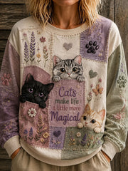 Damen-Kapuzen pullover mit Blumen-Patchwork-Katzen druck
