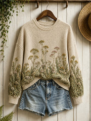 Damen-Vintage-Strickpullover mit wildem Blumenprint im Waldstil und Rundhalsausschnitt