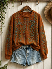 Damen-Vintage-Pullover mit Waldmotiv und hängenden Ranken, Rundhalsausschnitt
