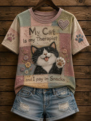 Frauen-T-Shirt mit Patchwork- und lustigem Katzenmuster