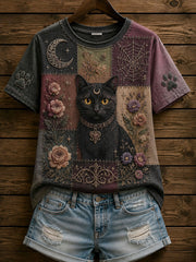 Damen-T-Shirt im gotischen Stil mit Patchwork und floraler Katzen-Print-Optik
