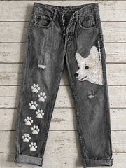 Damenhose mit Knöpfen und Hunde-Print, ausgestellt