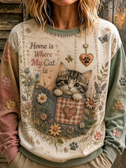 Damen-Kapuzenpullover mit floralem Patchwork und Katzenmuster
