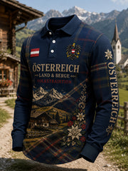 Herren-Poloshirt mit langen Ärmeln und rustikalem, kulturellem Jubiläumsdruck