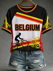 Damen Belgien Cyclo-Cross bedruckt Vintage Mode Lose Kurzarm T-Shirt