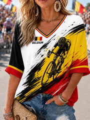 Damen Belgien Querfeldein V-Ausschnitt mit Mittelarm bedrucktes lässiges T-Shirt