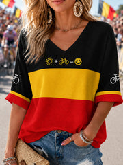 Damen-Cyclocross-T-Shirt aus Belgien mit V-Ausschnitt und mittellangen Ärmeln, bedruckt, lässig