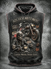 Herrenweste in Schwarz mit deutschem Motorrad-Slogan-Print, lässig und mit Kapuze