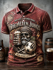 Herren-Vintage-Poloshirt mit deutschem Bier- und Fußball-Slogan, lässig bedruckt