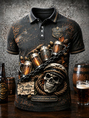 Herren-Poloshirt in Schwarz mit deutschem Bier- und Fußball-Slogan-Print