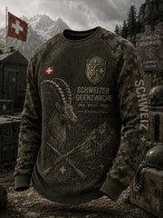 Herren-T-Shirt mit Raglanärmeln und Waffelstruktur, langärmlig, mit militärinspiriertem Grafikdruck