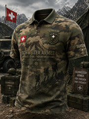 Herren-Poloshirt mit kurzen Ärmeln und militärischem Gedenkdruck