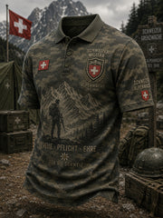Herren-Poloshirt mit kurzen Ärmeln und militärischem Gedenkdruck