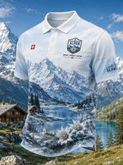 Herren-Poloshirt mit kurzen Ärmeln und alpinem Gedenkgrafikdruck