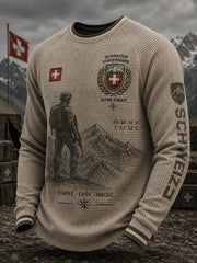Herren-T-Shirt mit Raglanärmeln und Waffelstruktur, langärmlig, mit militärinspiriertem Grafikdruck