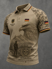 Herren-Poloshirt im Vintage-Stil mit Veteranen-Print, Raglanärmeln und kurzen Ärmeln