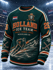 Herren-Raglan-T-Shirt aus Waffelstrick mit langen Ärmeln und Hockey-Motiv-Print