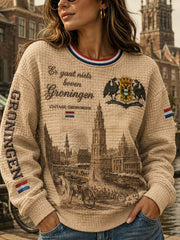 Damen-Stadt Souvenir-Grafik-Waffel-Strick-Langarm-Sweatshirt