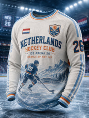 Herren-Raglan-T-Shirt aus Waffelstrick mit langen Ärmeln und Hockey-Motiv-Print