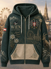 Damen-Vintage-Städte-Souvenir-Print-Kapuzenpullover mit Reißverschluss und langen Ärmeln