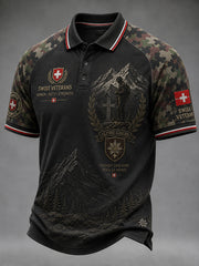Herren-Poloshirt mit camouflagefarbenem Veteranen-Print und kurzen Ärmeln