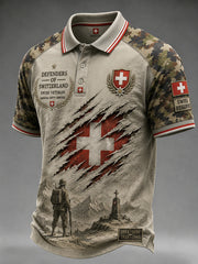 Herren-Poloshirt mit camouflagefarbenem Veteranen-Print und kurzen Ärmeln