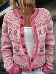 Damen-Strickjacke im Vintage-Stil mit rosa Rosen, Brustkrebs-Band und Inselmuster