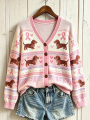 Damen-Strickjacke mit niedlichem Hund- und rosa Charity-Band-Motiv, lässig bedruckt