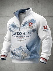 Herren-Sweatshirt mit langen Raglanärmeln und durchgehendem Reißverschluss, verziert mit einem grafischen Alpin-Print