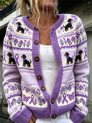 Damen niedlicher Hund mit lila Charity-Strickjacke mit Band muster gedruckt