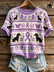 Damen-Stricktop mit niedlichem Hund und lila Spendenschleifenmuster, lässig, kurzärmlig