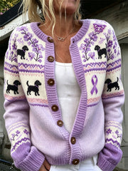 Damen-Strickjacke mit niedlichem Hund und aufgedrucktem lila Charity-Band-Motiv im lässigen Stil