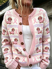 Damen niedlicher Hund und rosa Charity-Strickjacke mit Band muster gedruckt