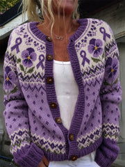 Damen-Strickjacke im Vintage-Stil mit Veilchenblüten, violettem Schleifenmuster und Insel-Print