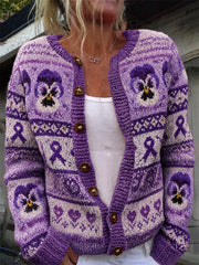Damen Vintage Pansy Blumen Lila Band Isle Muster Print Strickjacke