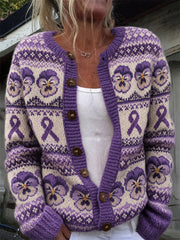 Damen-Strickjacke im Vintage-Stil mit Veilchenblüten, violettem Schleifenmuster und Insel-Print