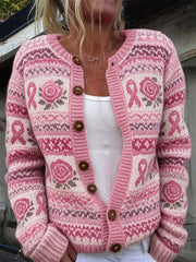 Damen-Strickjacke im Vintage-Stil mit rosa Rosen, Brustkrebs-Band und Inselmuster