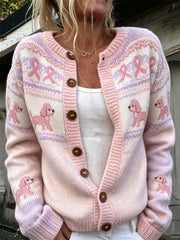 Damen-Strickjacke mit niedlichem Hund- und rosa Charity-Band-Motiv, lässig bedruckt