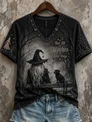 Damen-Halloween-T-Shirt mit Druckmuster von Hexe und Hund, lässig, kurzärmlig