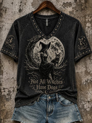 Damen-Halloween-T-Shirt mit Druckmuster von Hexe und Hund, lässig, kurzärmlig
