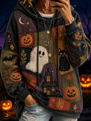 Kapuzenpullover für Damen im Halloween-Stil mit Print und Farbblock-Design – lässig und modisch