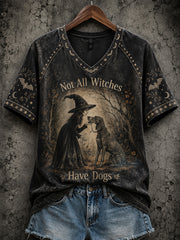 Damen-Halloween-T-Shirt mit Druckmuster von Hexe und Hund, lässig, kurzärmlig