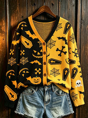 Legere Strickjacke mit Halloween-Motiven und farb blockiertem Design für Damen