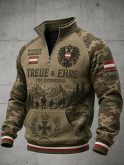 Herren-Top im Vintage-Militärstil mit Camouflage-Print, langen Raglanärmeln und Reißverschluss
