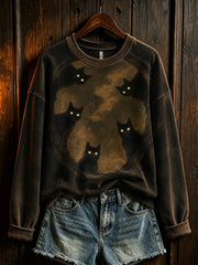 Damen-Halloween-Pullover mit schwarzem Katzenmuster, lässig geschnitten