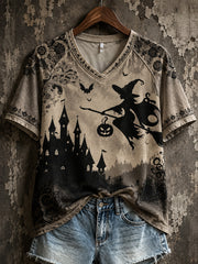 Damen Halloween Hexe Muster gedruckt lässig Kurzarm T-Shirt