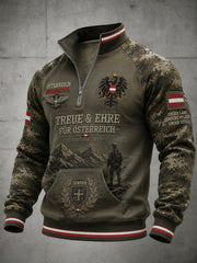 Herren-Top im Vintage-Militärstil mit Camouflage-Print, langen Raglanärmeln und Reißverschluss