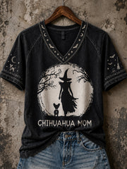 Damen-Halloween-Hexe und Hunde muster bedrucktes kurzes Ärmel T-Shirt