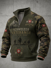 Herren-Raglanärmel-Zip‑Up‑Oberteil mit grafischem Vintage‑Military‑Print